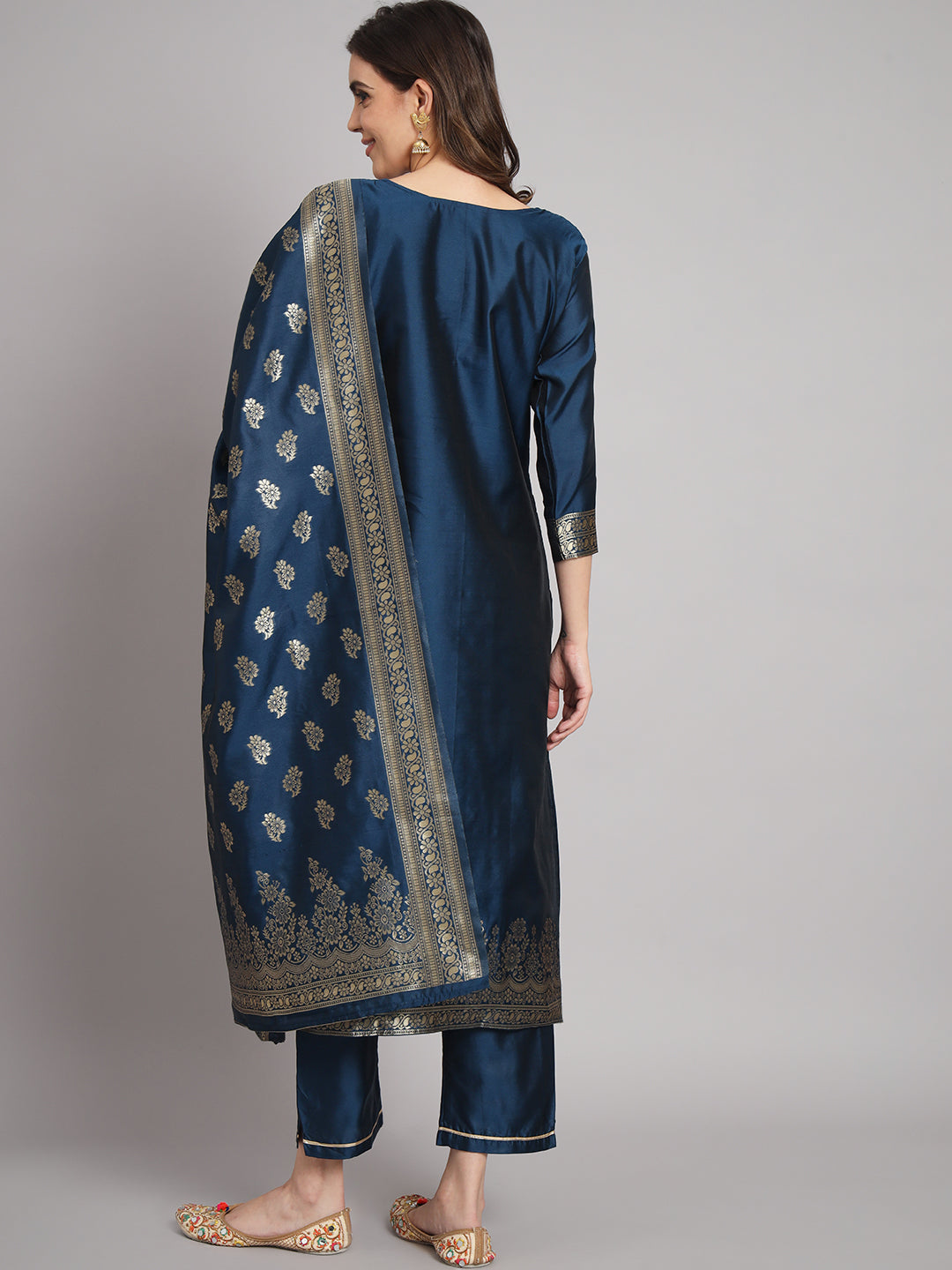 Women Kurta and Trousers Pant Set Heavy Zari Work Silk Blend