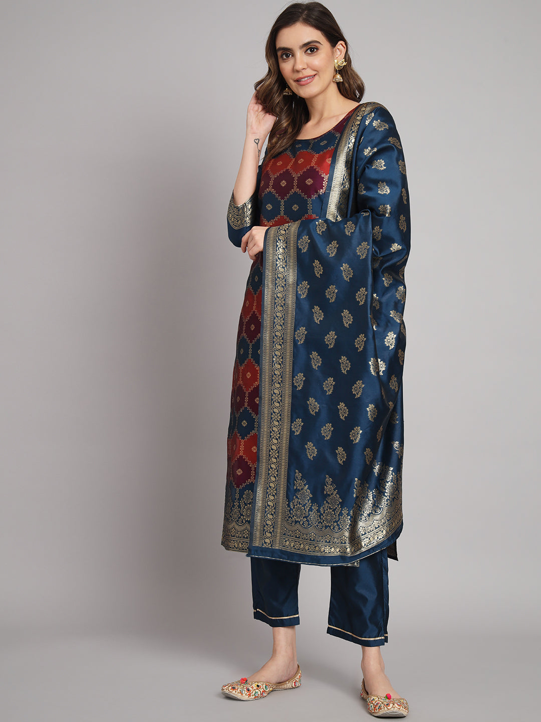Women Kurta and Trousers Pant Set Heavy Zari Work Silk Blend