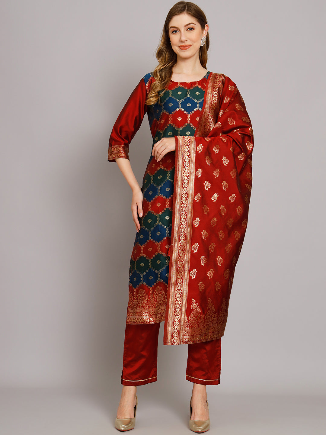 Women Kurta and Trousers Pant Set Heavy Zari Work Silk Blend