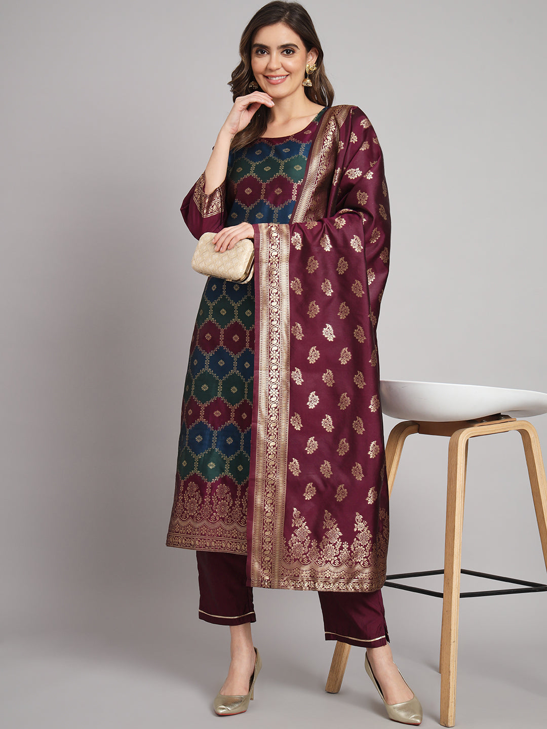 Women Kurta and Trousers Pant Set Heavy Zari Work Silk Blend