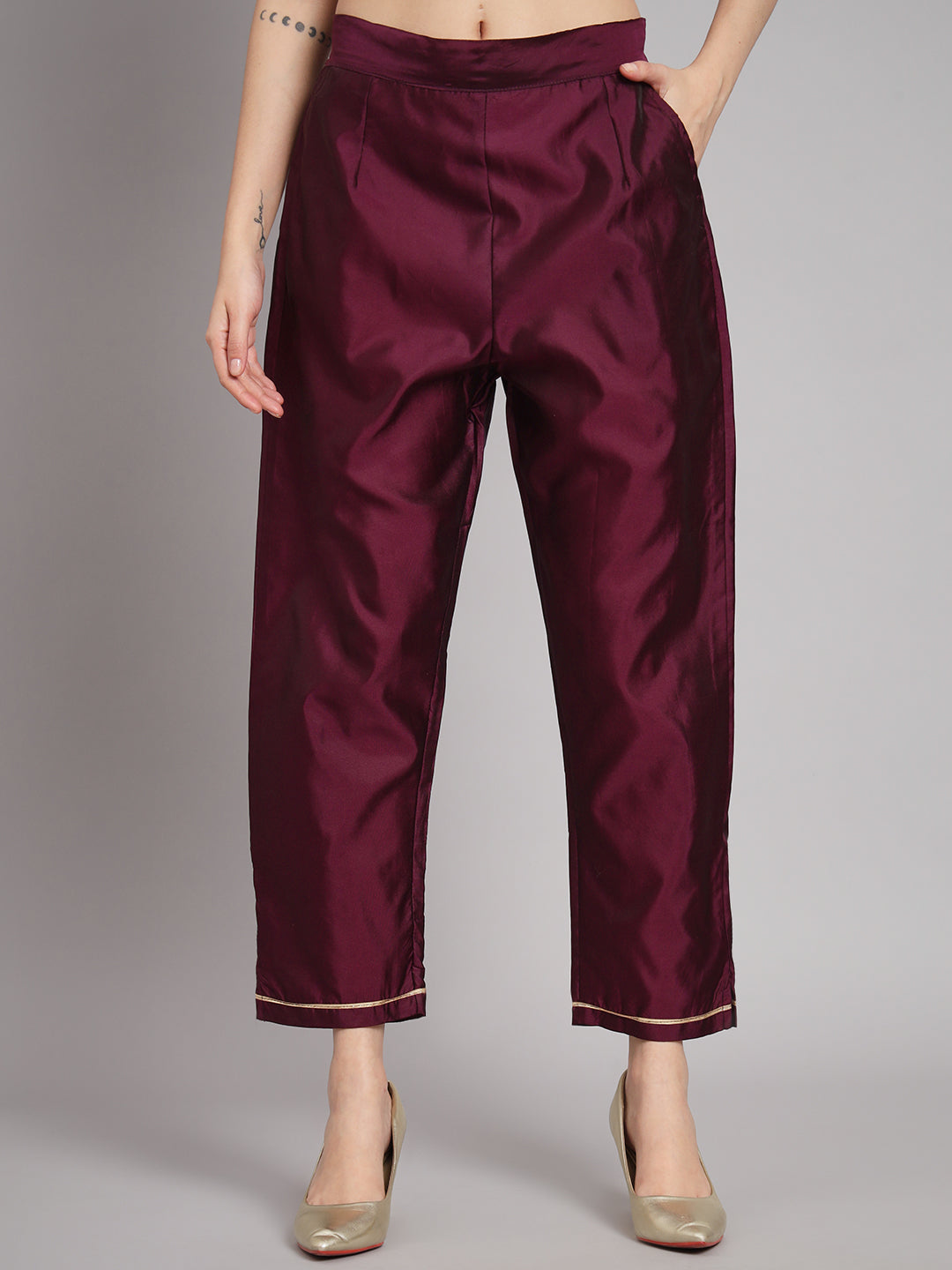 Women Kurta and Trousers Pant Set Heavy Zari Work Silk Blend