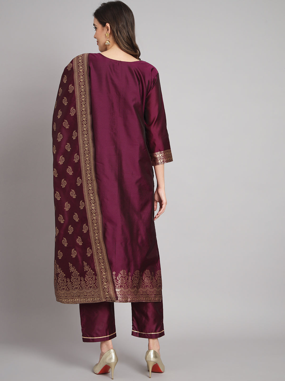 Women Kurta and Trousers Pant Set Heavy Zari Work Silk Blend