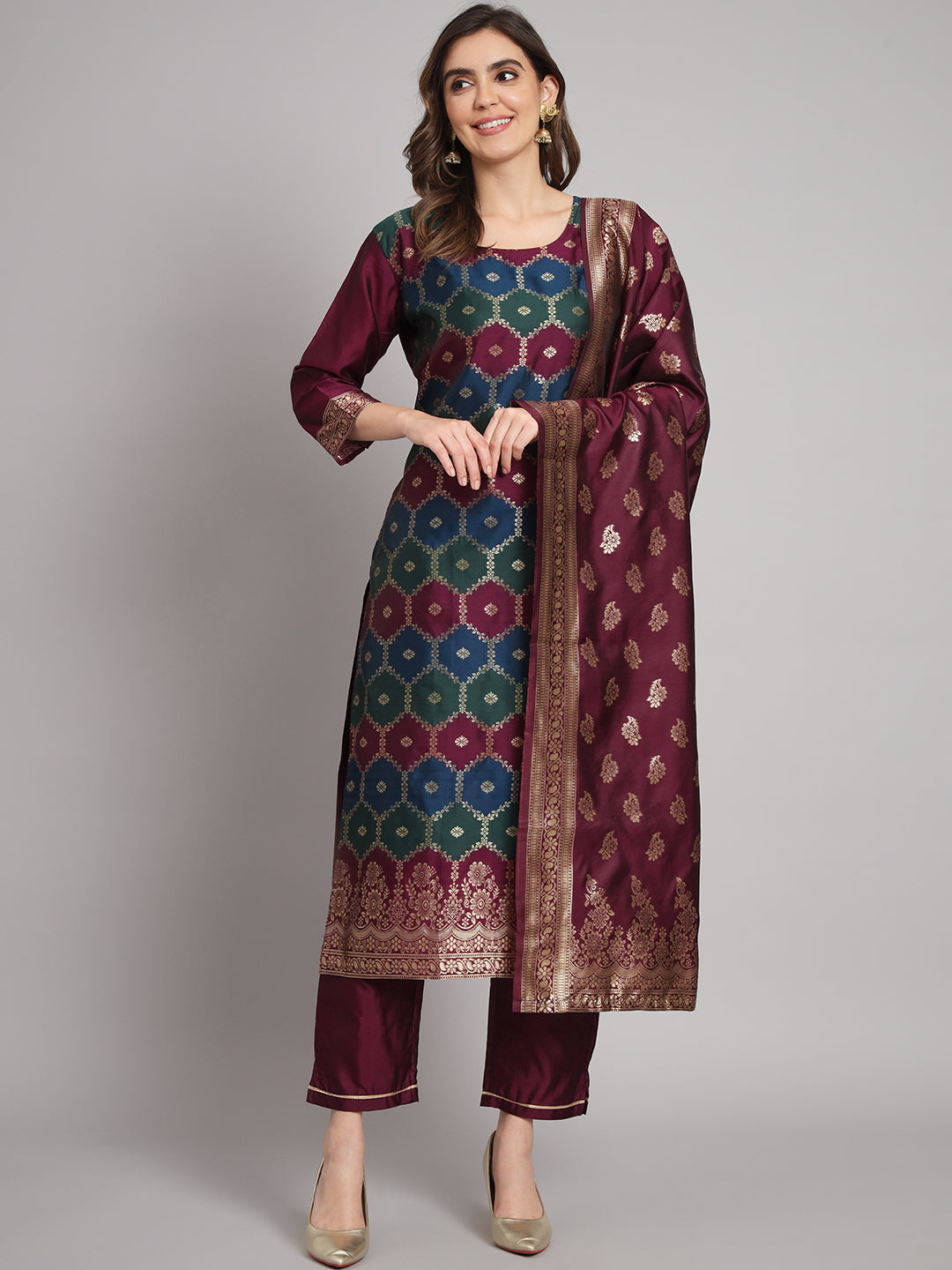 Women Kurta and Trousers Pant Set Heavy Zari Work Silk Blend