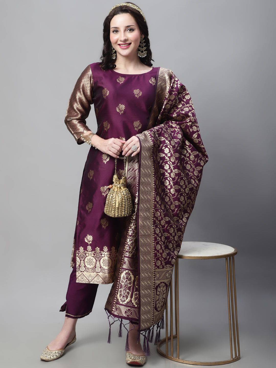 VredeVogel  Women Kurta and Trousers Pant Set Heavy Zari Wok Silk Blend
