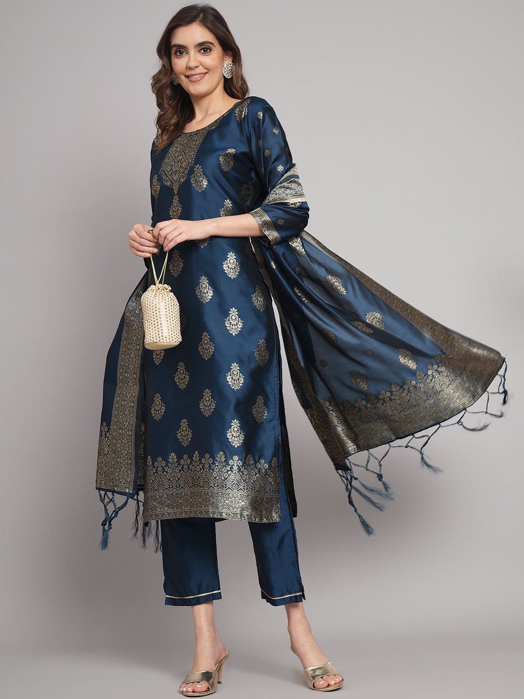 Vishwa Blue Silk Round-Neck Blossom Woven Kurta With Pant Sets