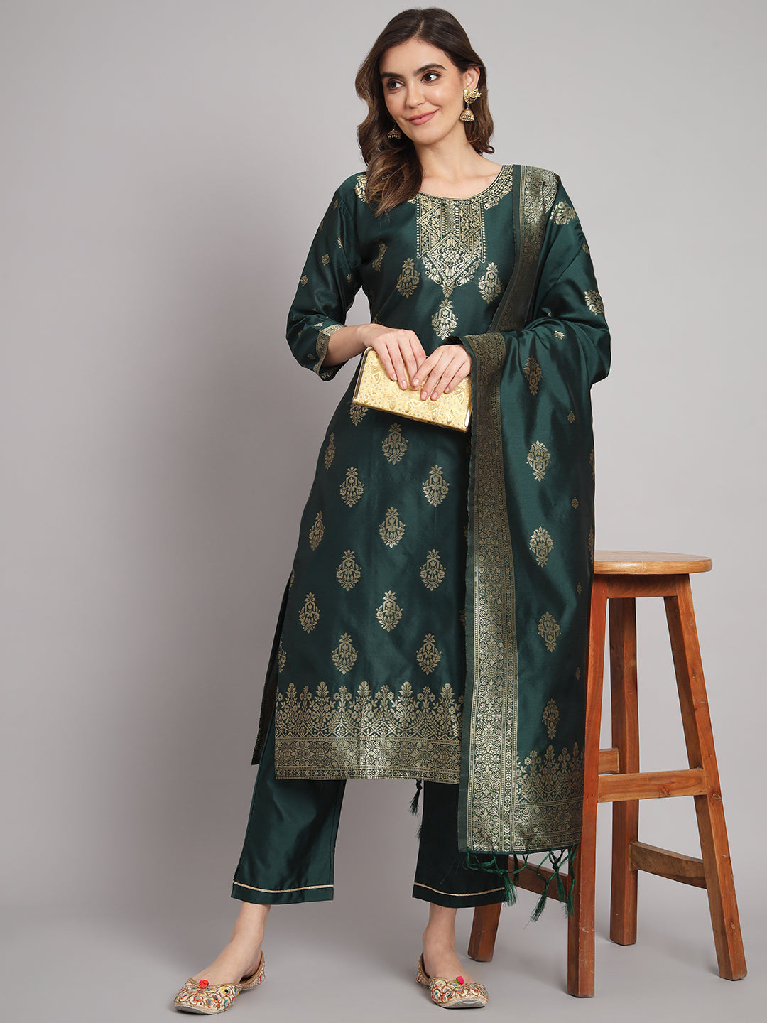 Vishwa Green Silk Round-neck Blossom Woven Kurta With Pant Suits