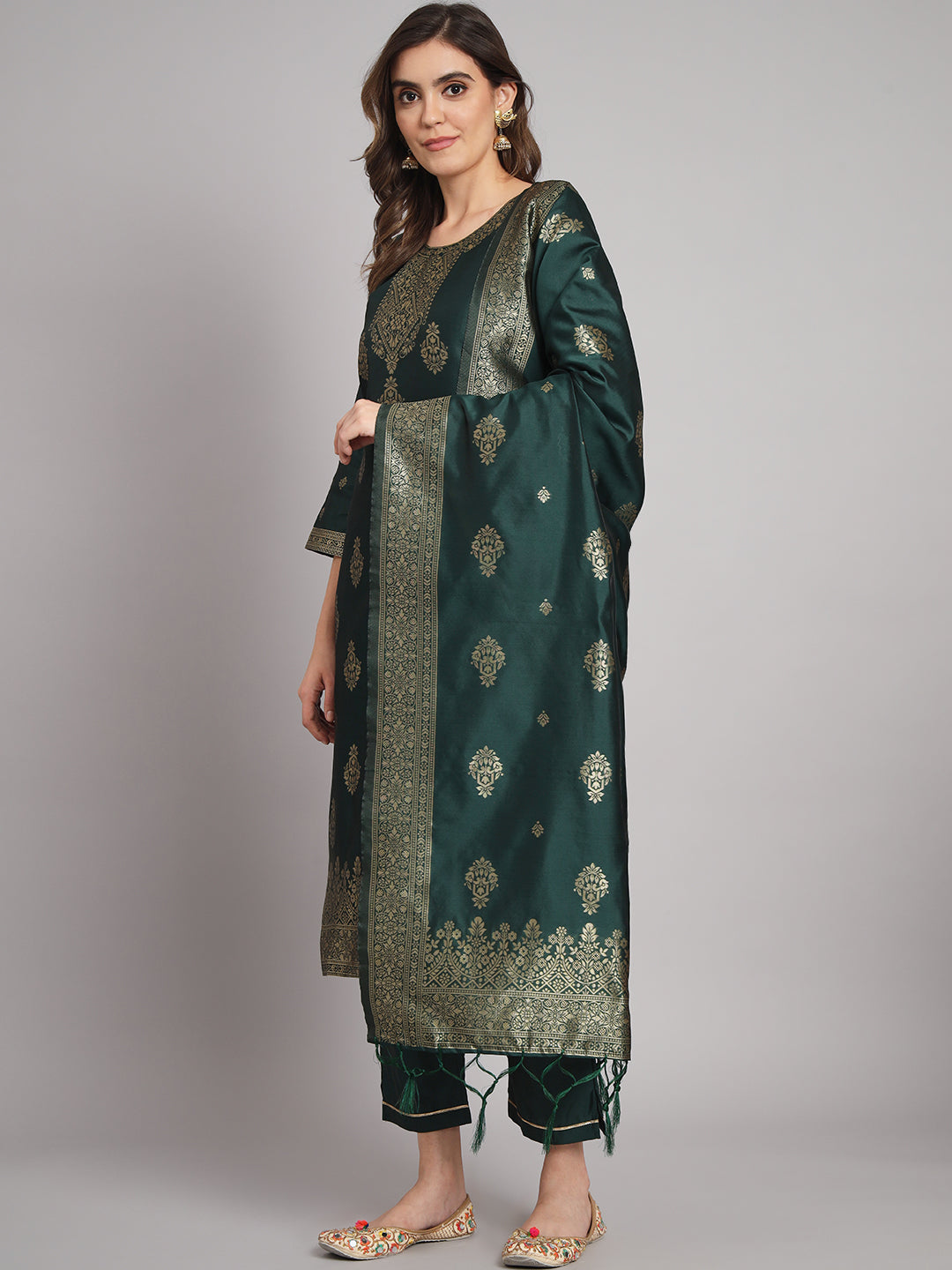 Vishwa Green Silk Round-neck Blossom Woven Kurta With Pant Suits