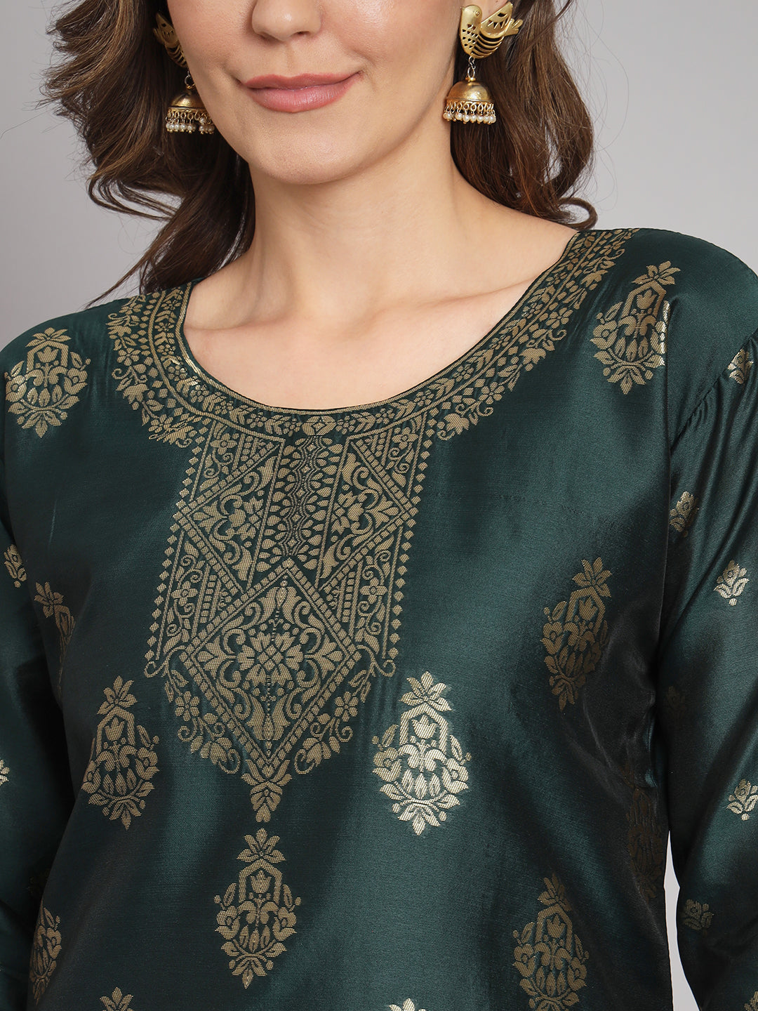 Vishwa Green Silk Round-neck Blossom Woven Kurta With Pant Suits