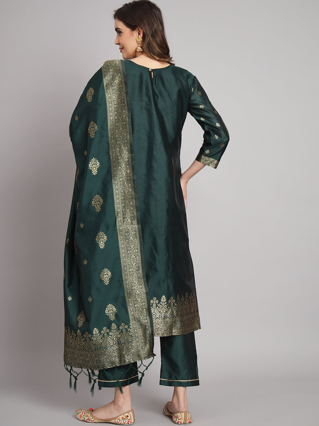 Vishwa Green Silk Round-neck Blossom Woven Kurta With Pant Suits