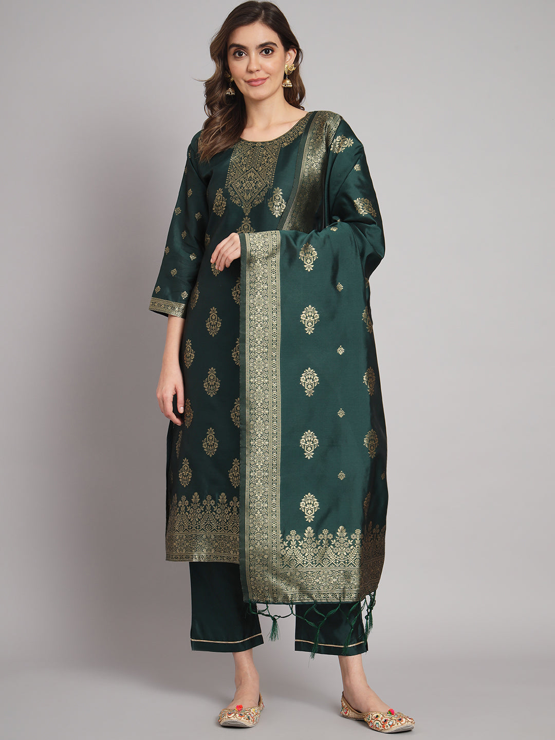 Vishwa Green Silk Round-neck Blossom Woven Kurta With Pant Suits