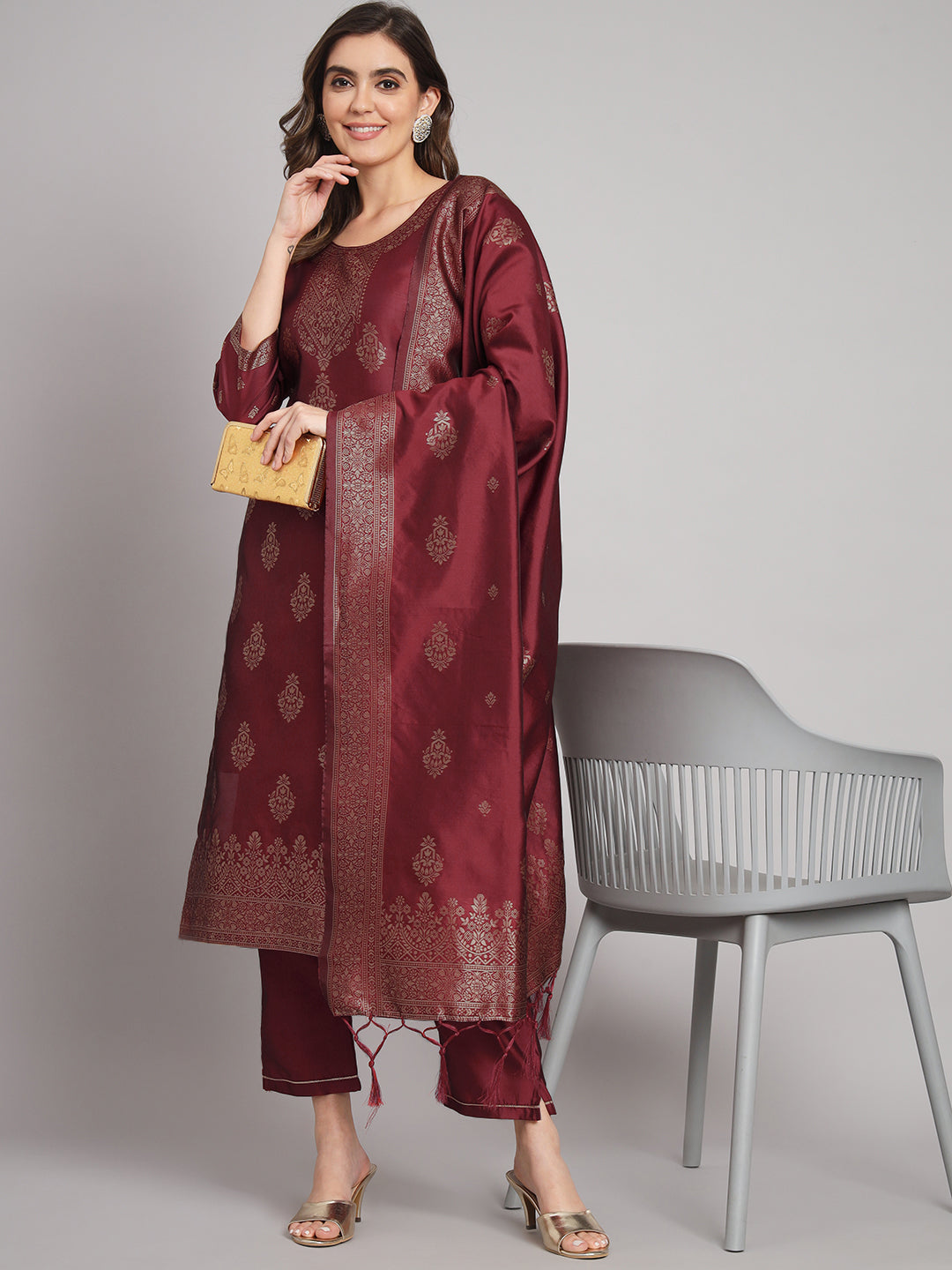 Vishwa Maroon Silk Round-neck Blossom Woven Kurta With Pant Suits