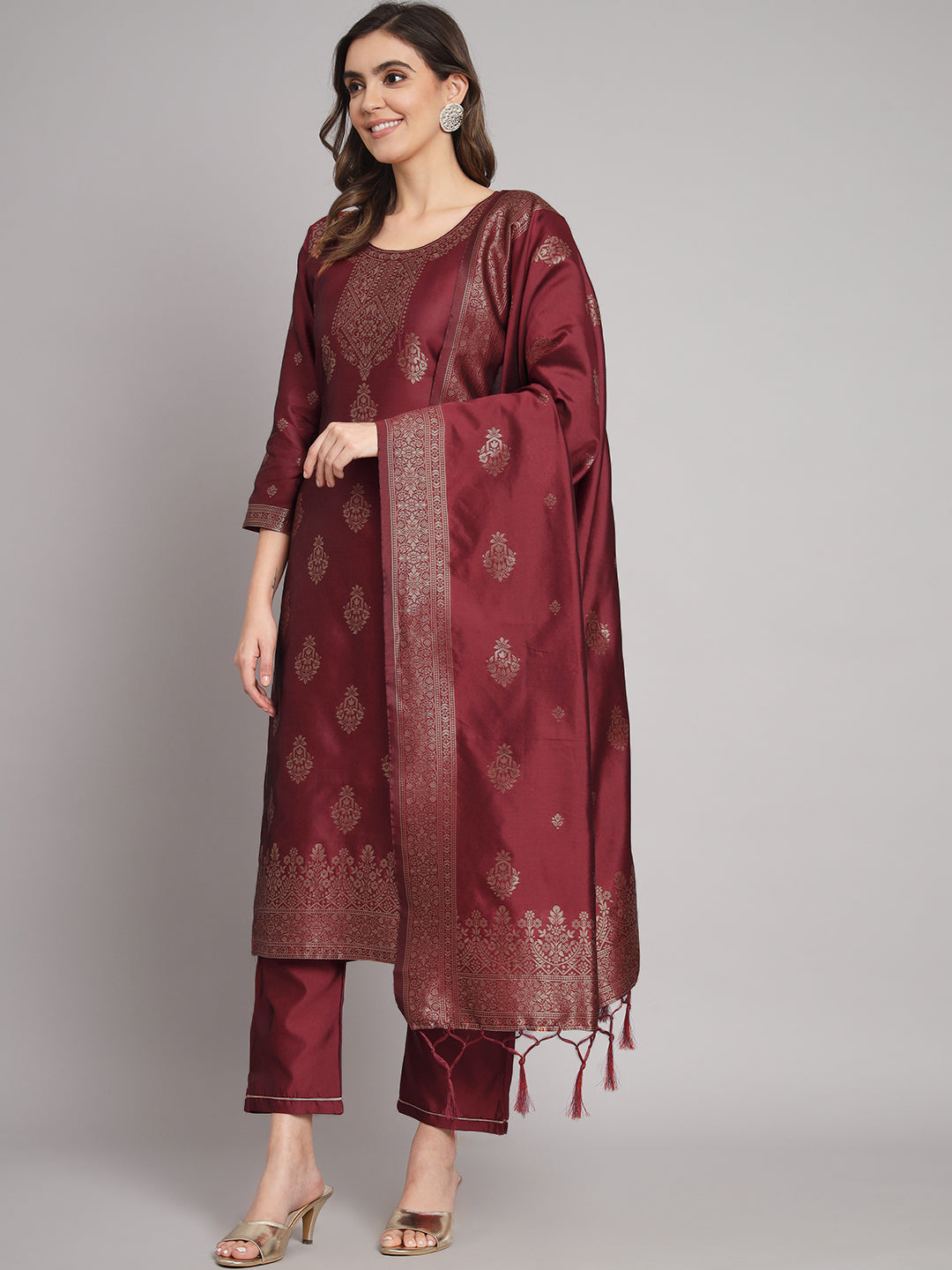 Vishwa Maroon Silk Round-neck Blossom Woven Kurta With Pant Suits