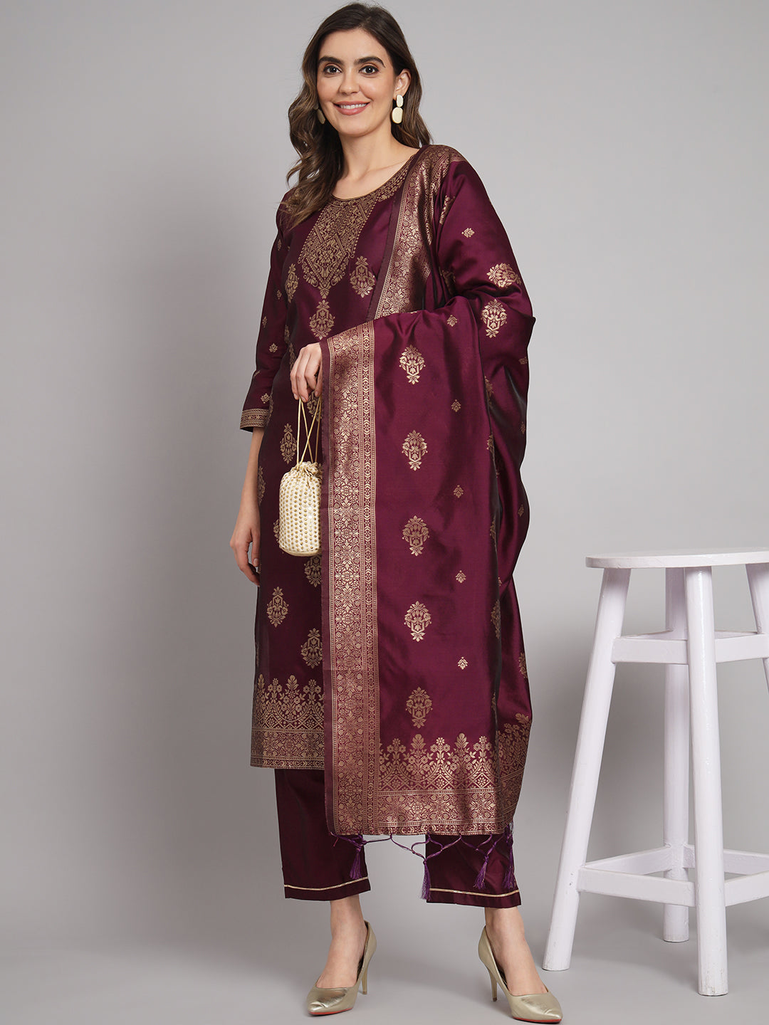 Vishwa Purple Silk Round-Neck Blossom Woven Kurta With Pant Suits
