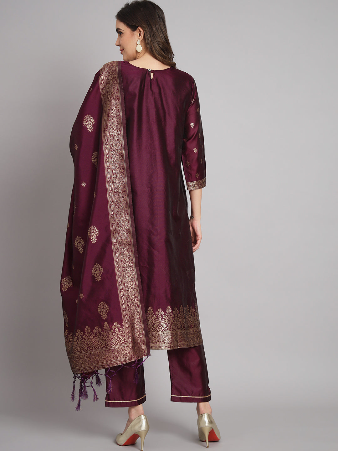 Soraya Purple Silk Round-Neck Blossom Woven Kurta With Pant Suits