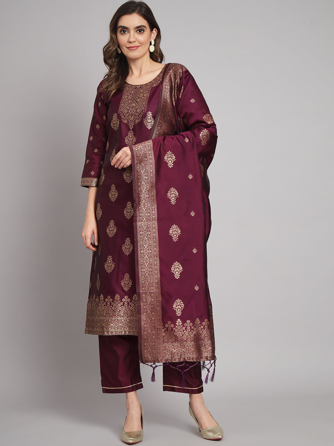 Soraya Purple Silk Round-Neck Blossom Woven Kurta With Pant Suits