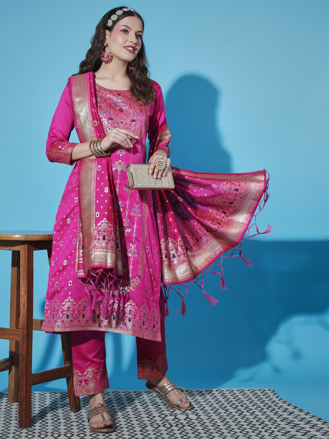 VredeVogel Cotton Silk Jacquard Kurta Pant With Heavy Banarasi Silk Dupatta