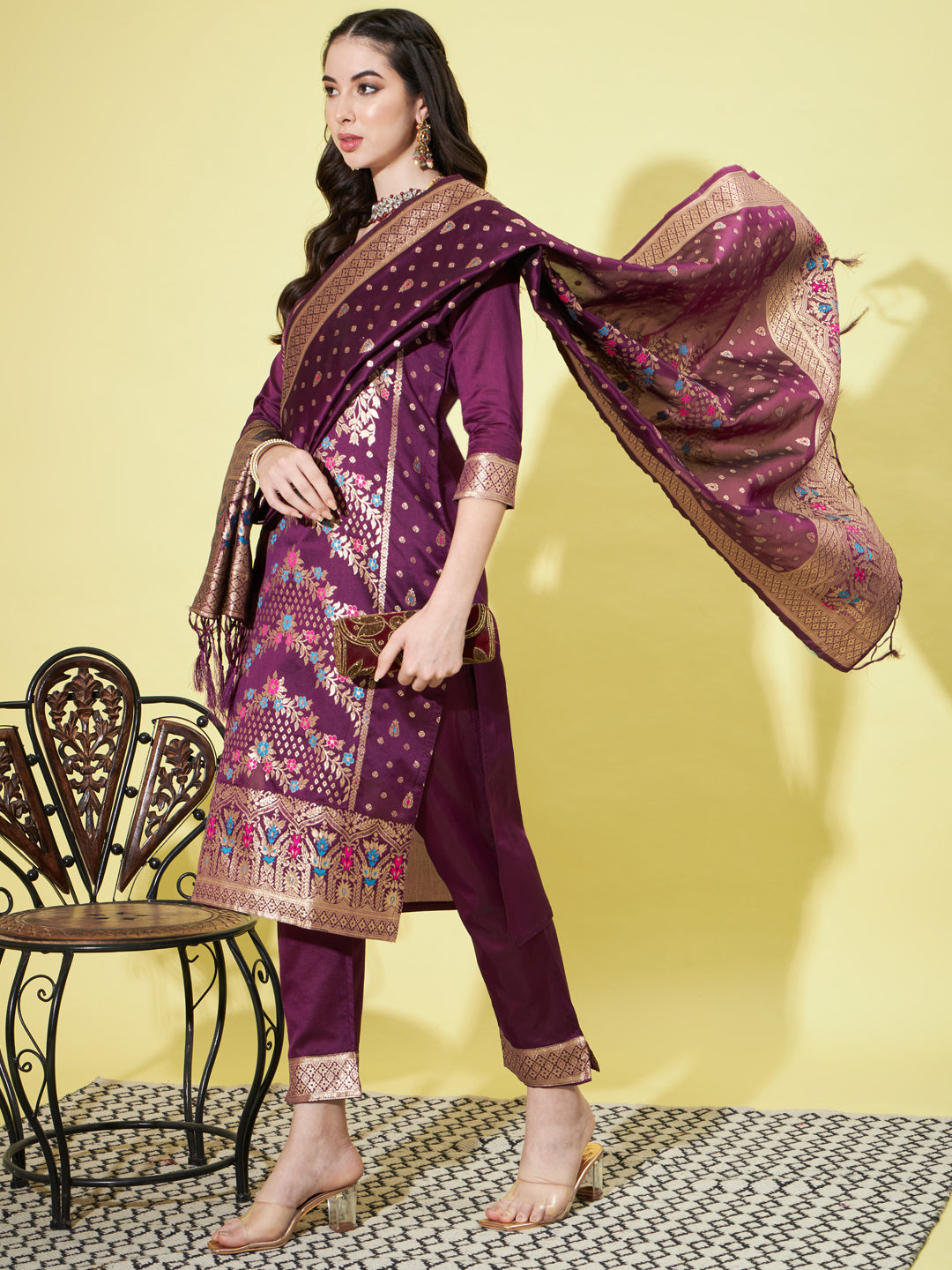 VredeVogel Cotton Silk Jacquard Kurta Pant With Heavy Banarasi Silk Dupatta
