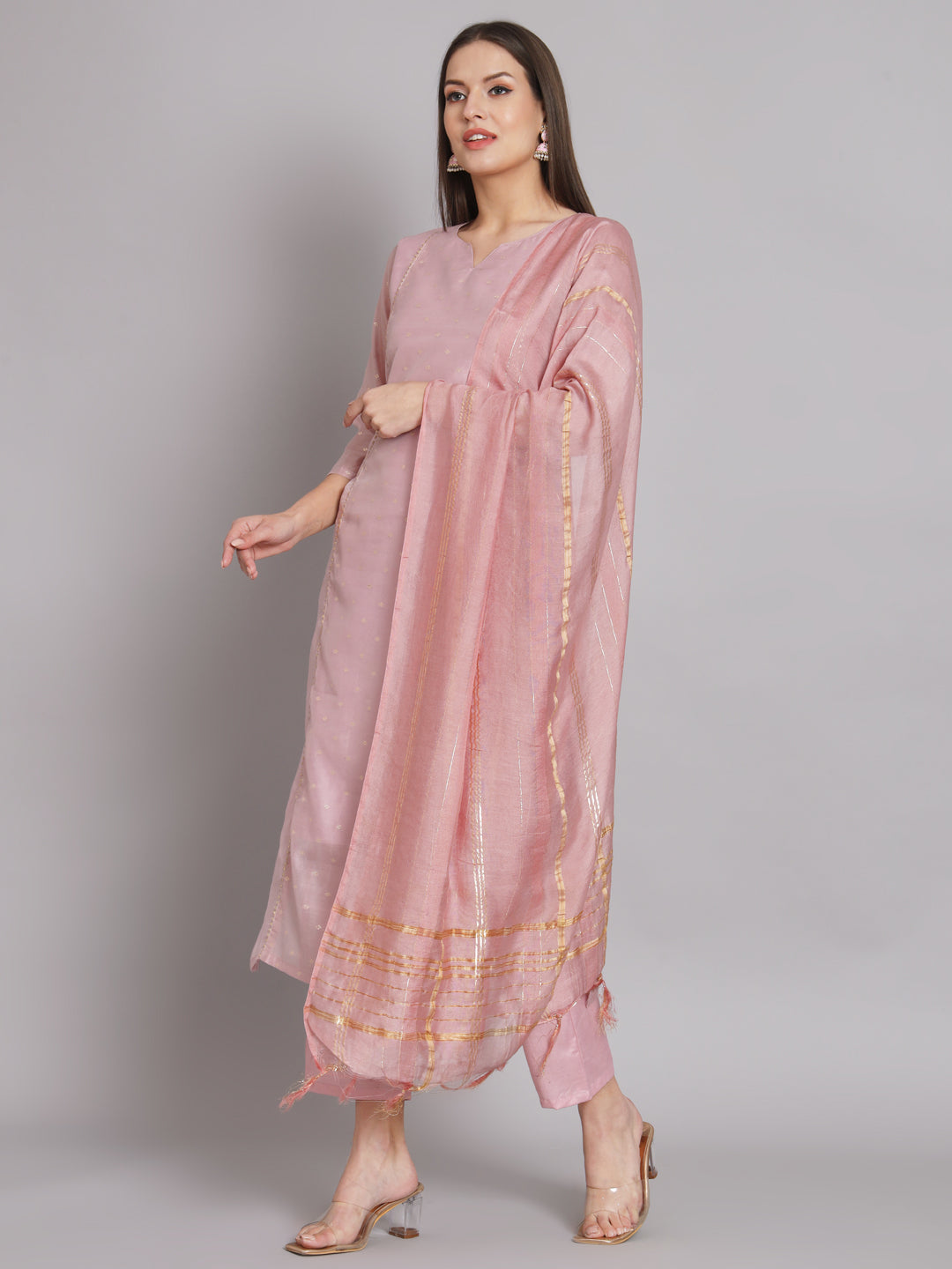 VredeVogel Kurta and Trouser Duppata Set Chanderi Modal Butti