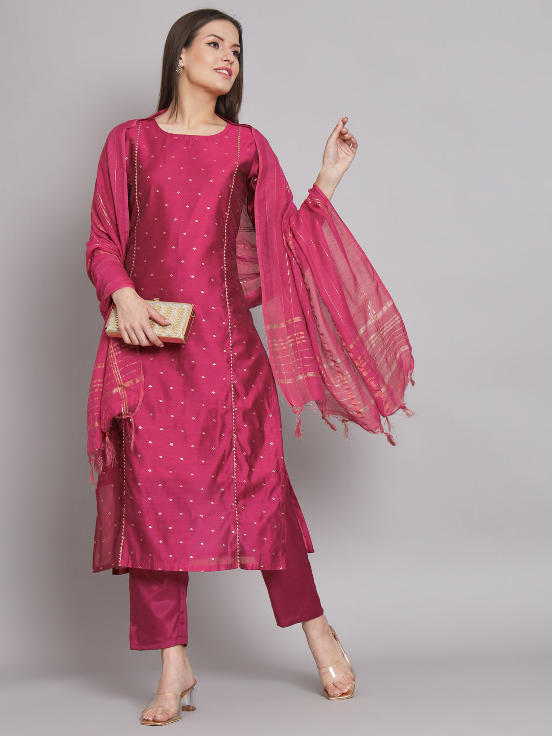 VredeVogel Kurta and Trouser Duppata Set Chanderi Modal Butti