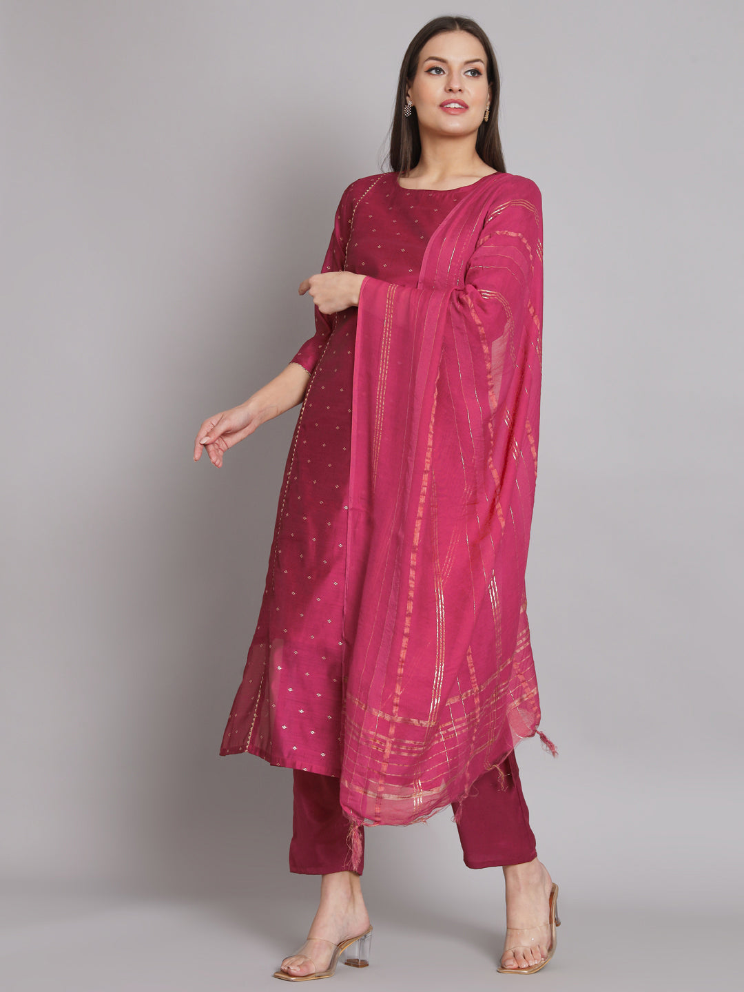 VredeVogel Kurta and Trouser Duppata Set Chanderi Modal Butti