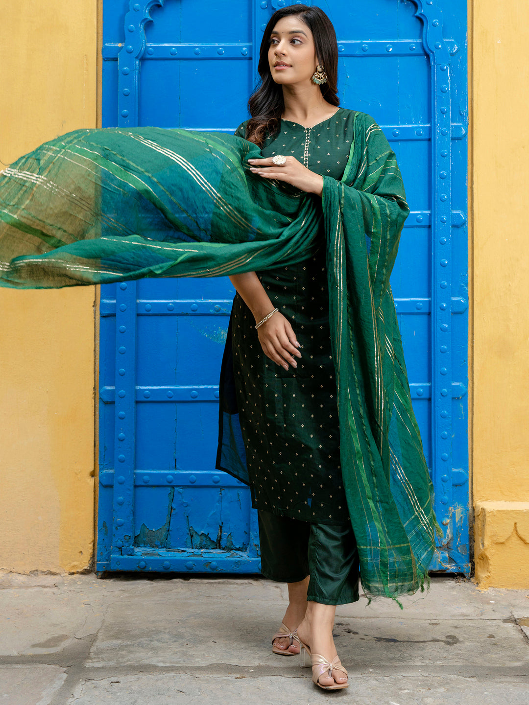 VredeVogel Kurta and Trouser Duppata Set Chanderi Modal Butti