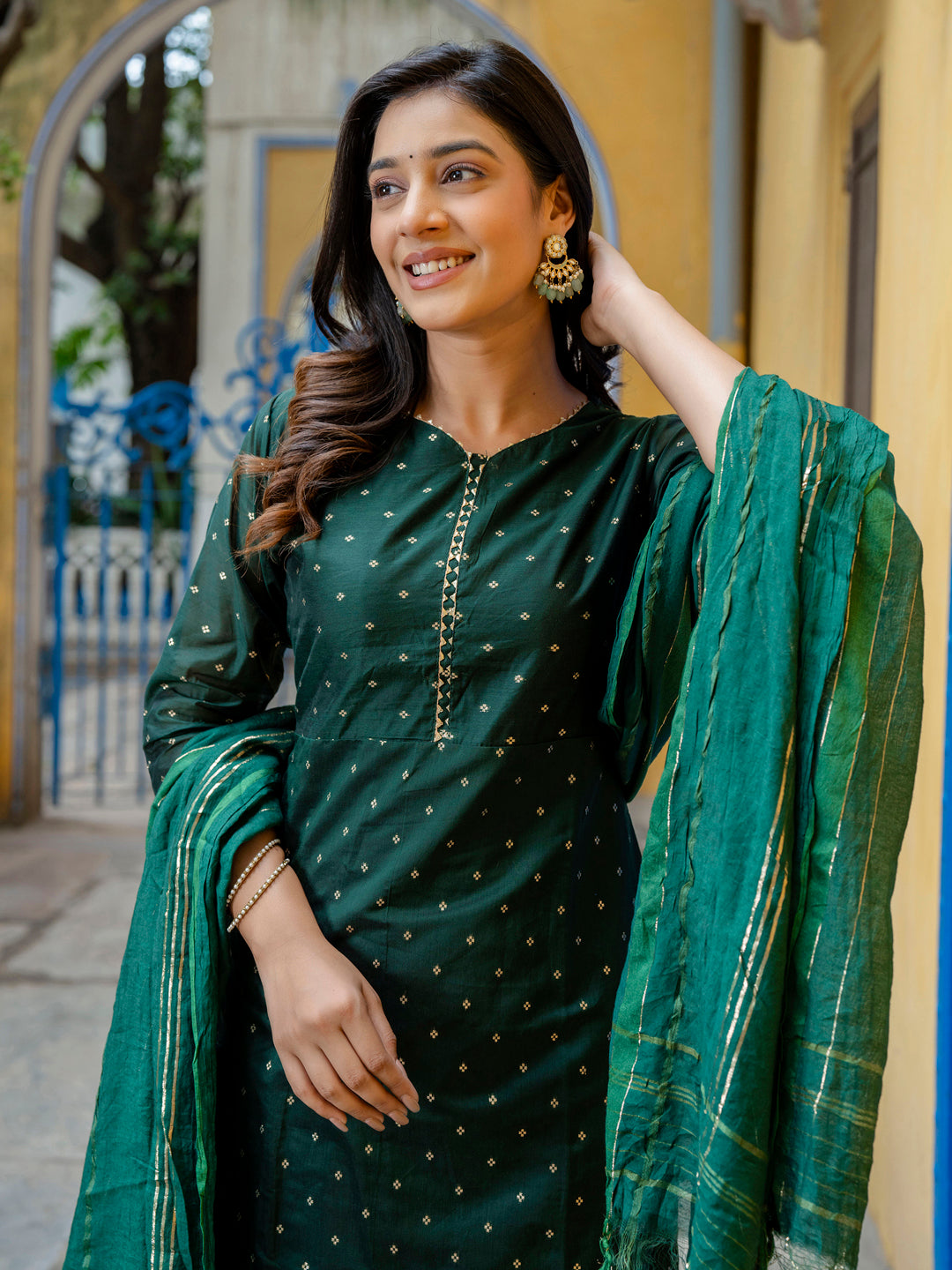 VredeVogel Kurta and Trouser Duppata Set Chanderi Modal Butti