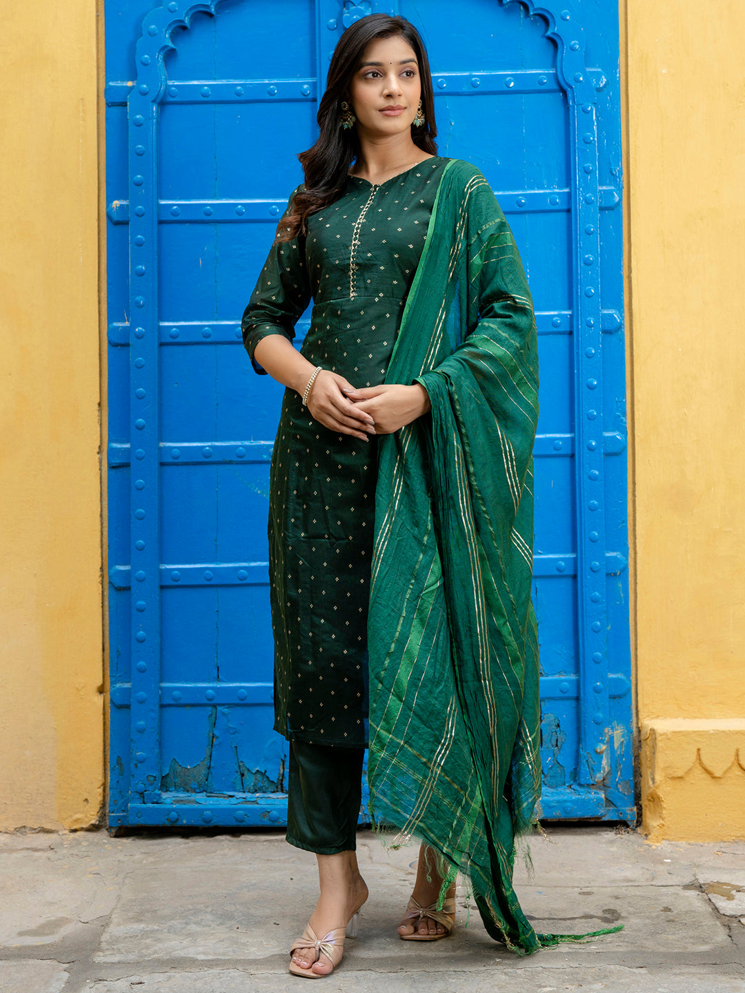 VredeVogel Kurta and Trouser Duppata Set Chanderi Modal Butti