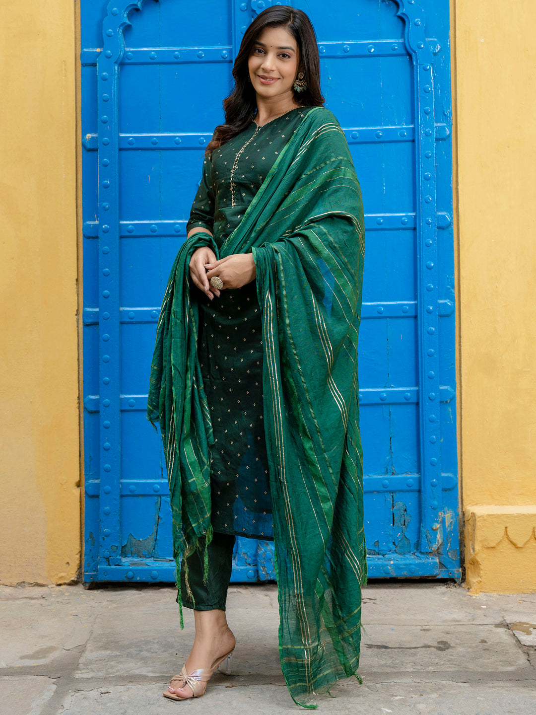 VredeVogel Kurta and Trouser Duppata Set Chanderi Modal Butti