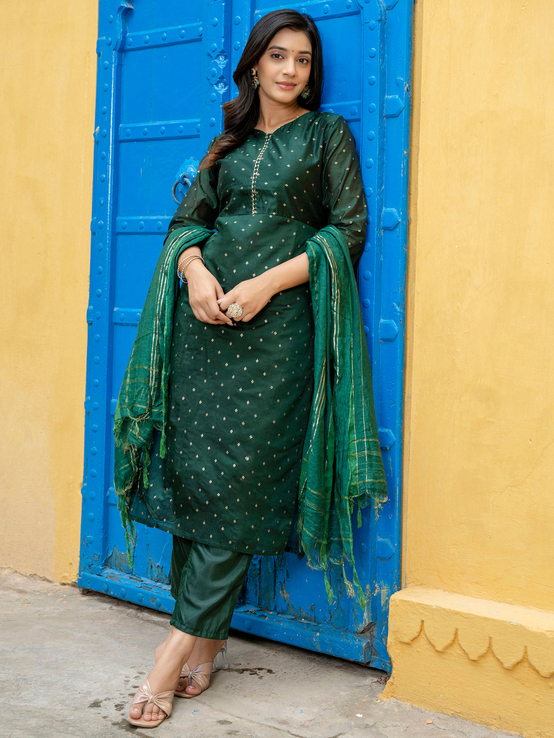 VredeVogel Kurta and Trouser Duppata Set Chanderi Modal Butti