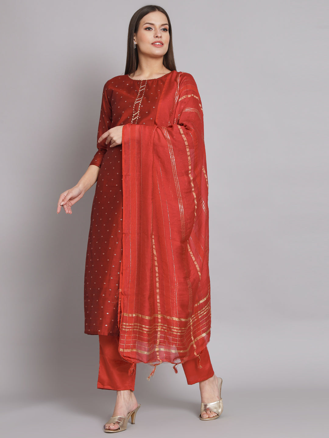 VredeVogel Kurta and Trouser Duppata Set Chanderi Modal Butti