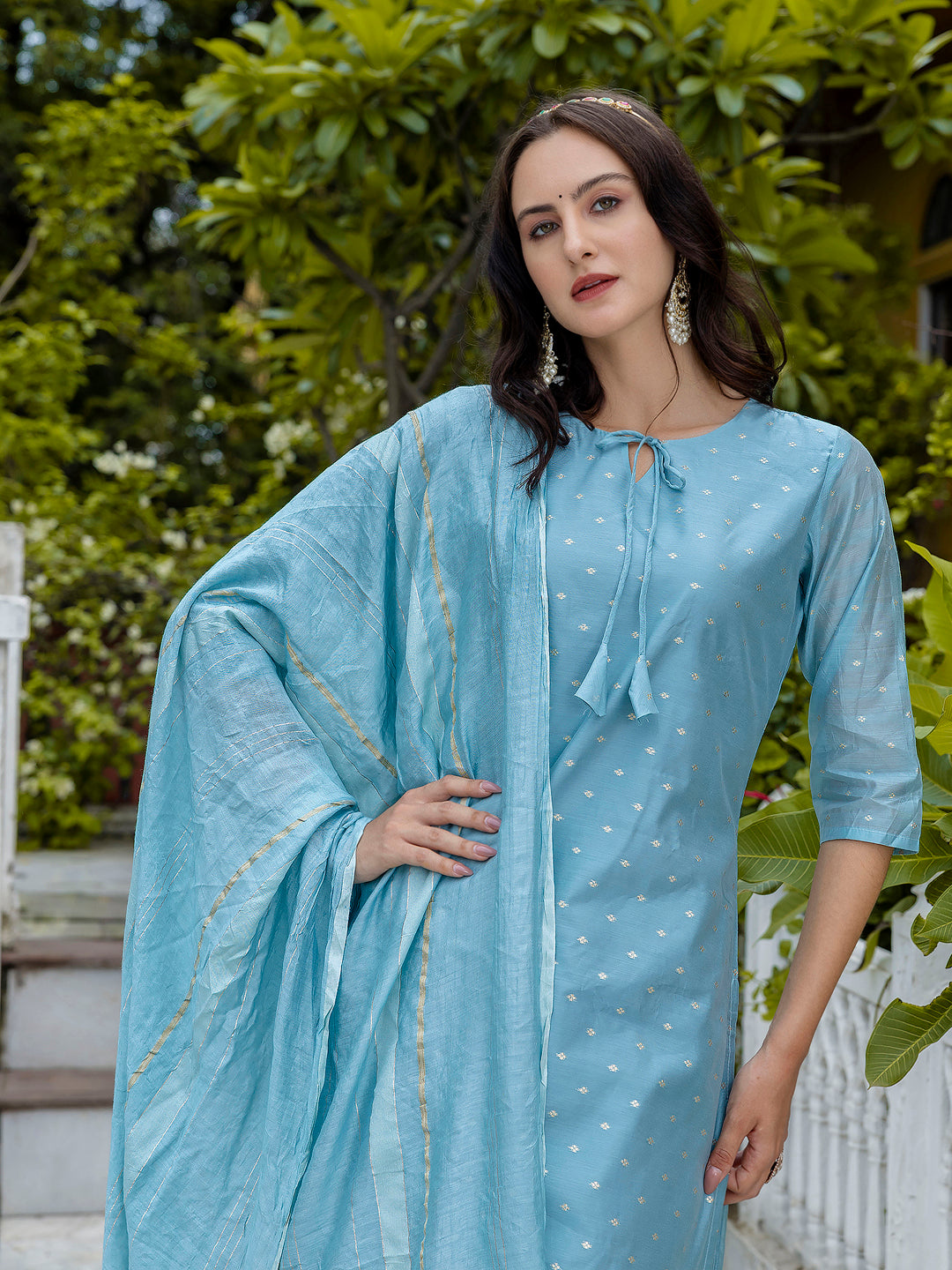 VredeVogel Kurta and Trouser Duppata Set Chanderi Modal Butti