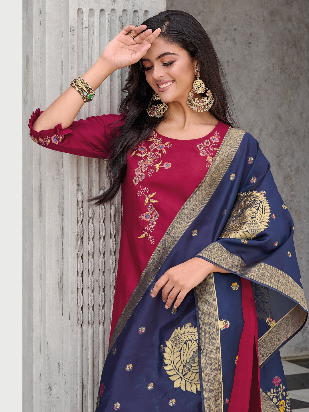 VredeVogel Women Kurta and Trouser Duppata Set Silk Blend