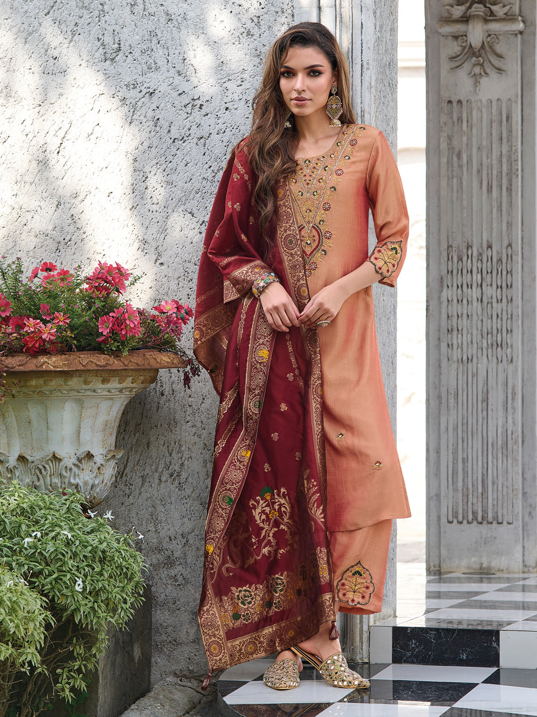 VredeVogel Women Kurta and Trouser Duppata Set Silk Blend