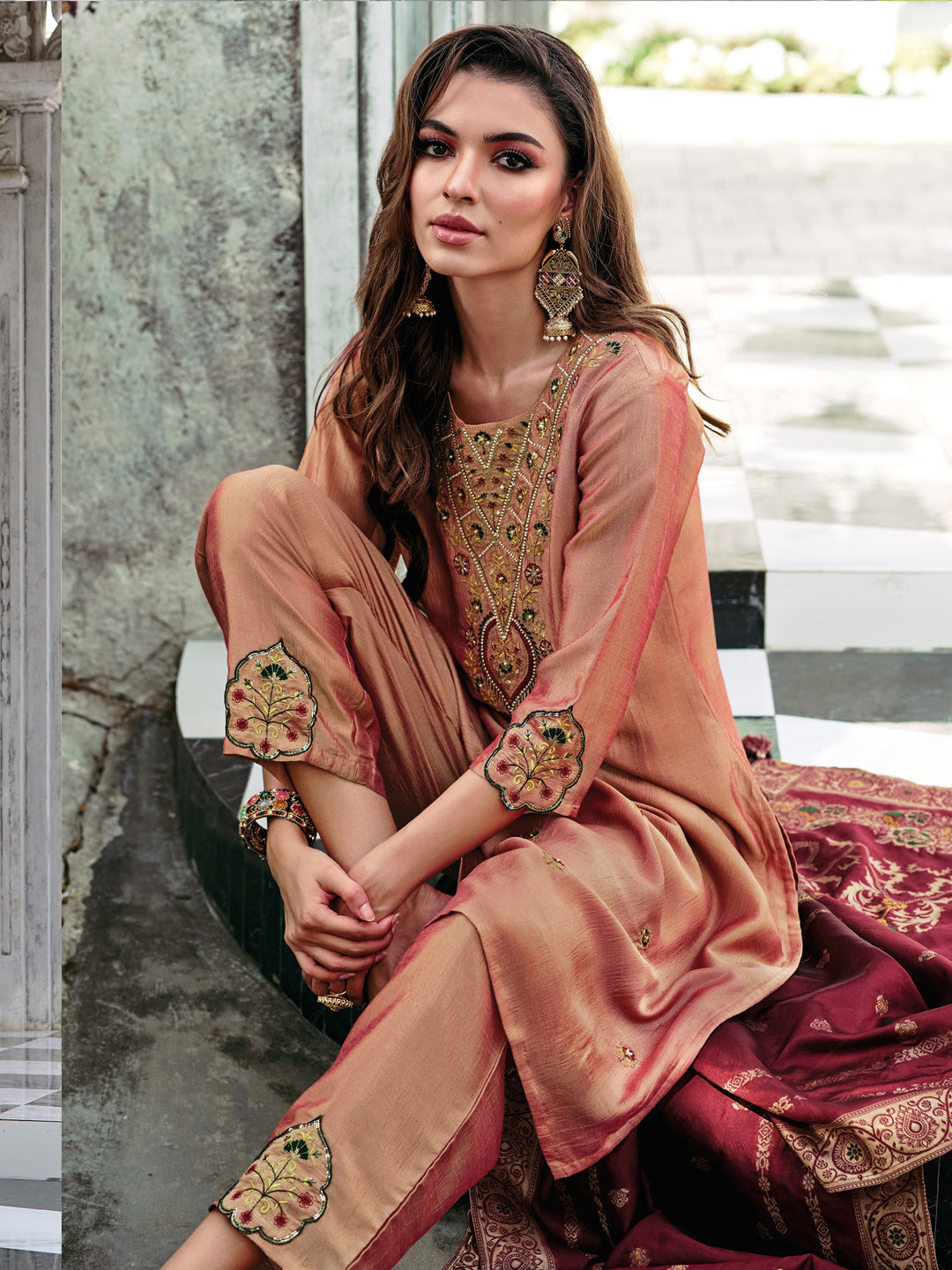 VredeVogel Women Kurta and Trouser Duppata Set Silk Blend