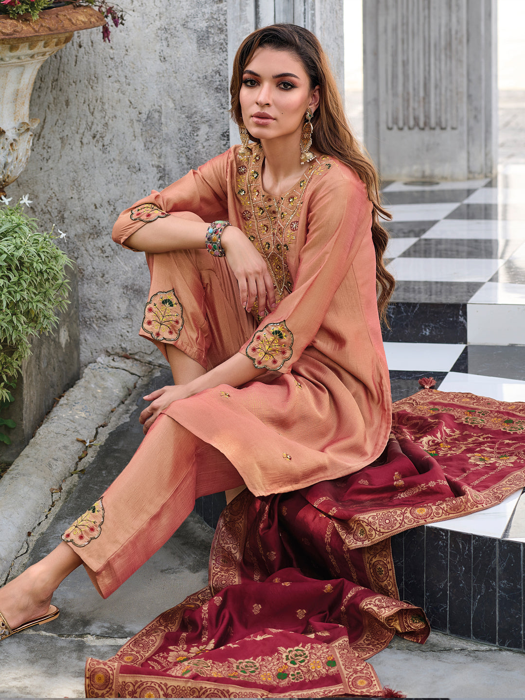 VredeVogel Women Kurta and Trouser Duppata Set Silk Blend