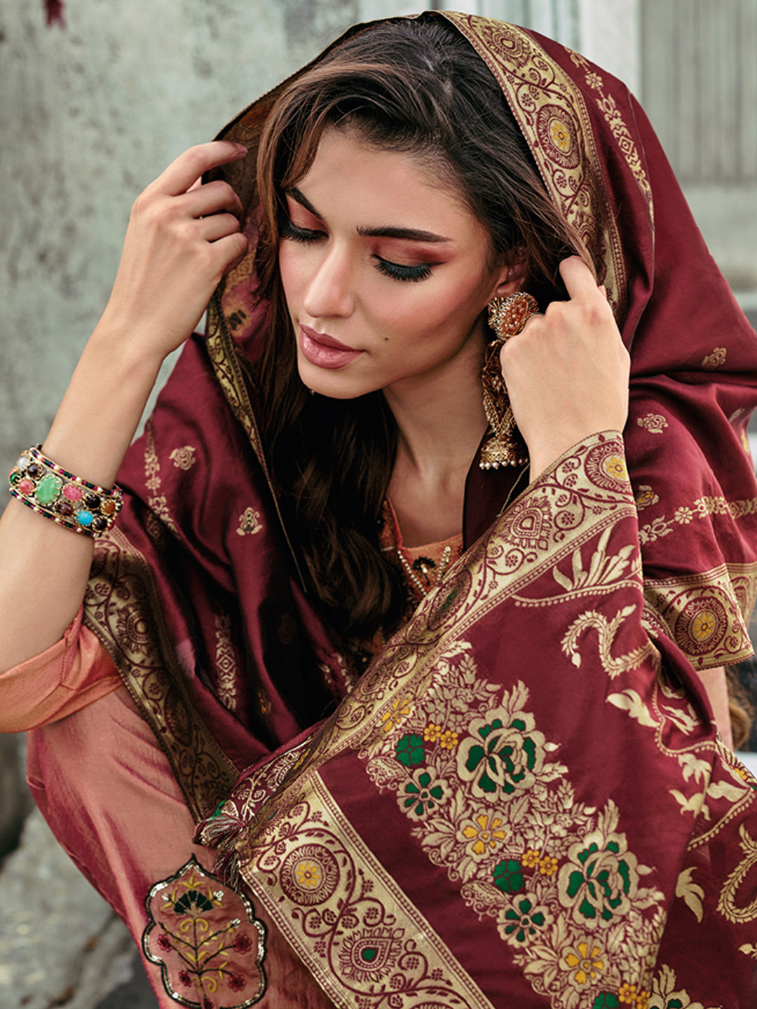 VredeVogel Women Kurta and Trouser Duppata Set Silk Blend