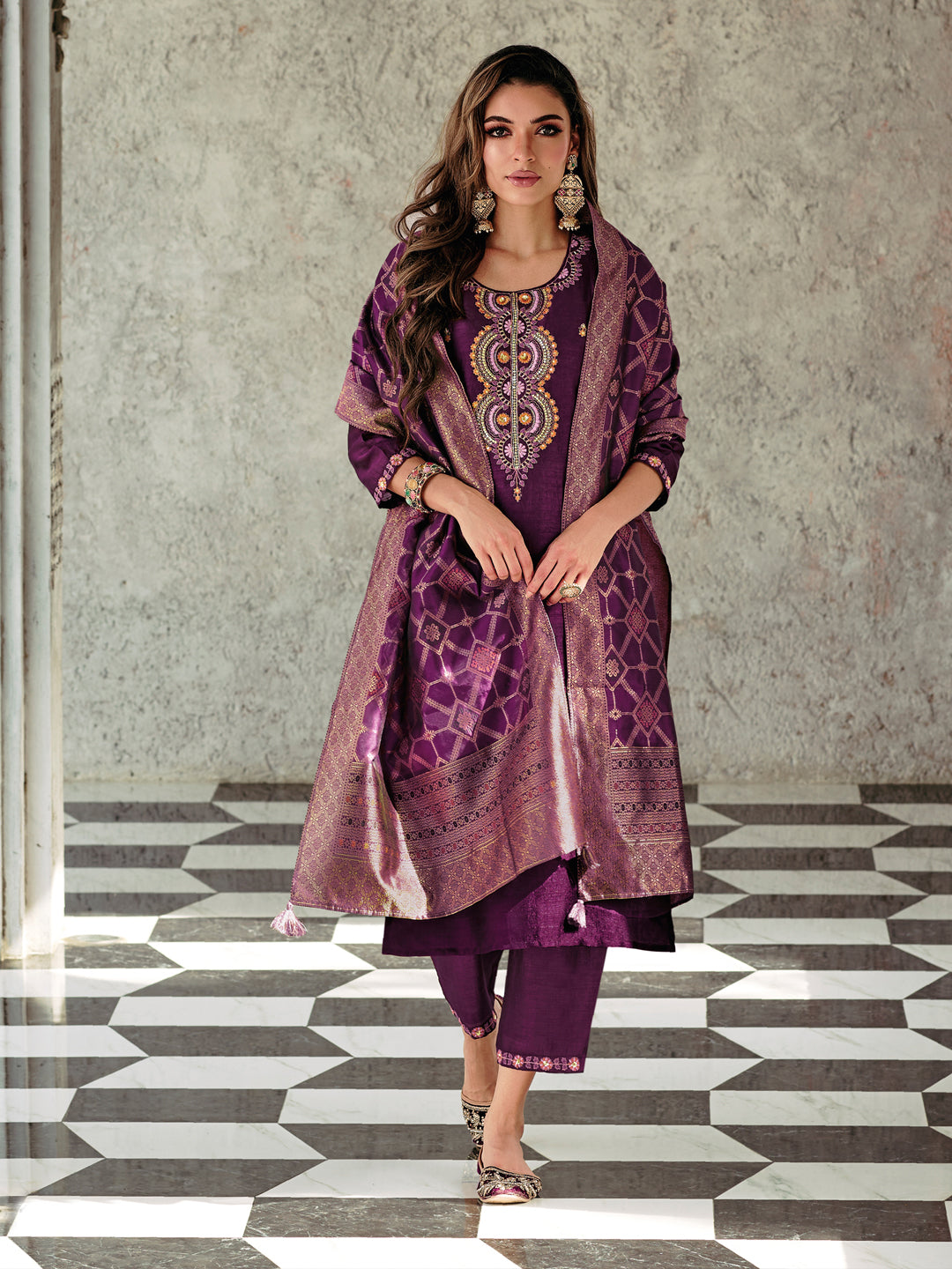 VredeVogel Women Kurta and Trouser Duppata Set Silk Blend