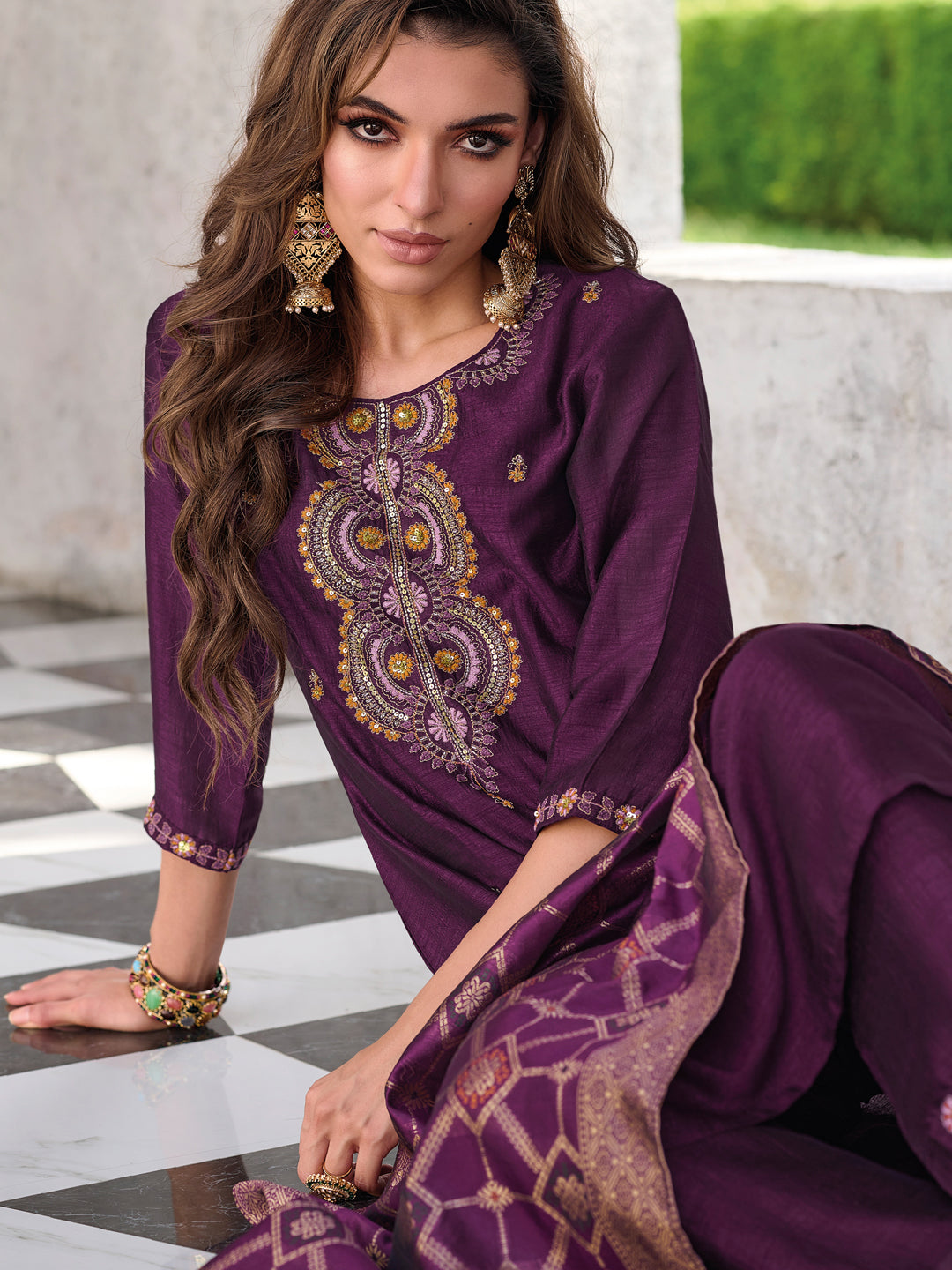 VredeVogel Women Kurta and Trouser Duppata Set Silk Blend