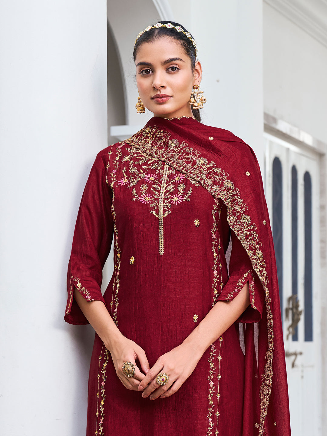 VredeVogel Women Kurta and Trouser Duppata Set Silk Blend