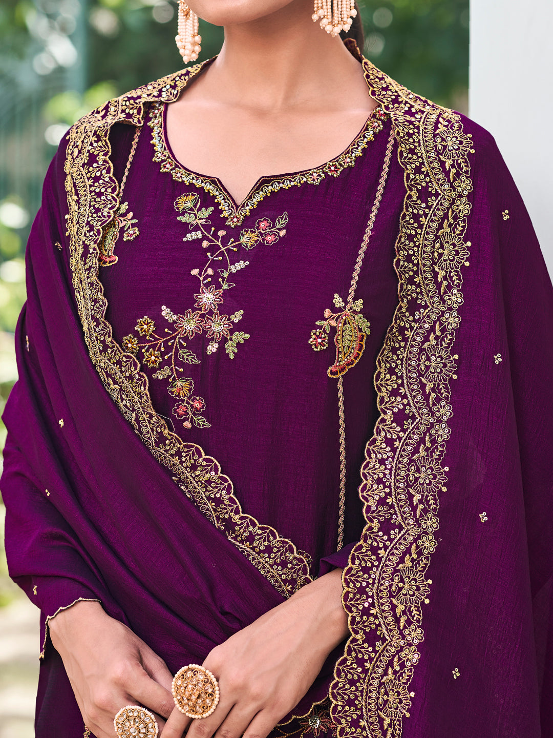 VredeVogel Women Kurta and Trouser Duppata Set Silk Blend