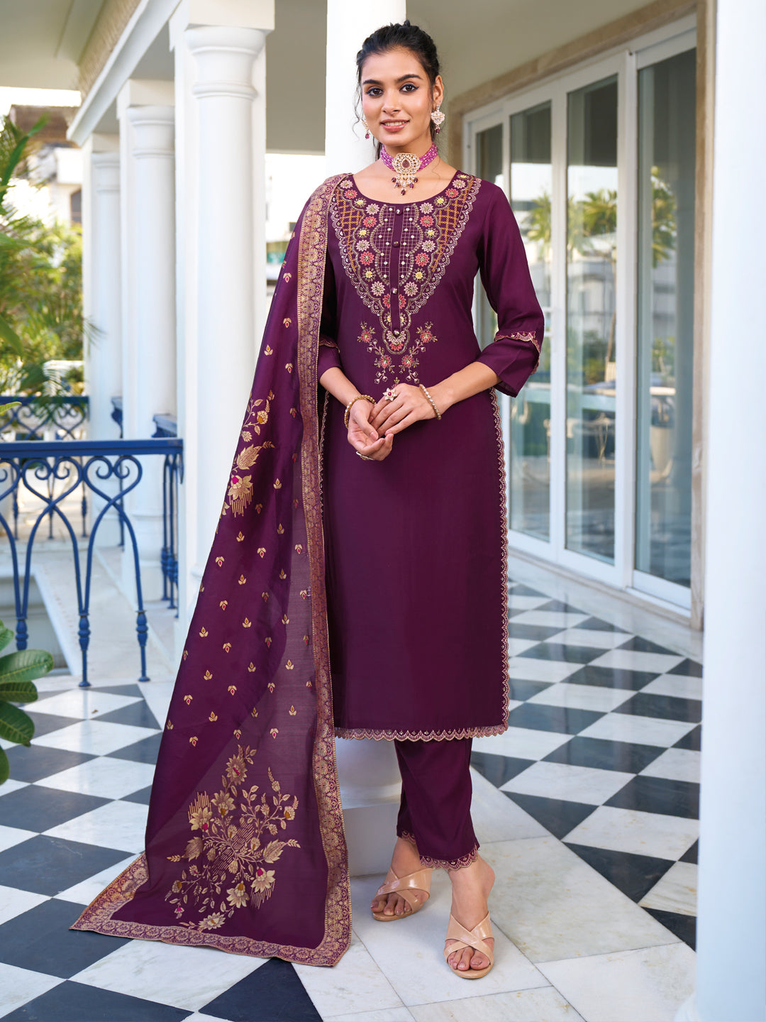VredeVogel Women Kurta and Trouser Duppata Set Pure Viscose Silk