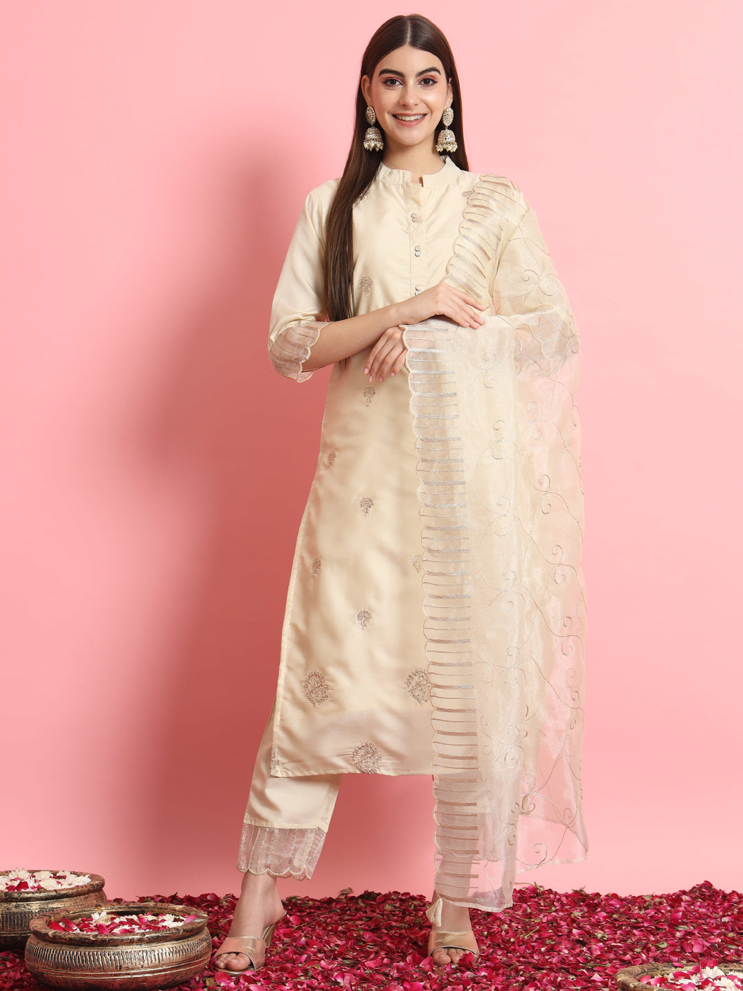 VredeVogel  Women Kurta and Trousers Pant Set Silk Blend