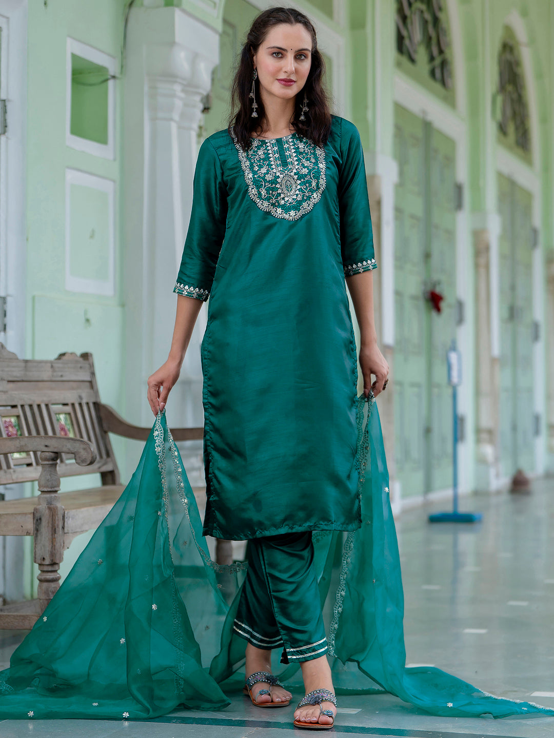 VredeVogel Silk Blend Embroidered Kurta Set with Dupatta