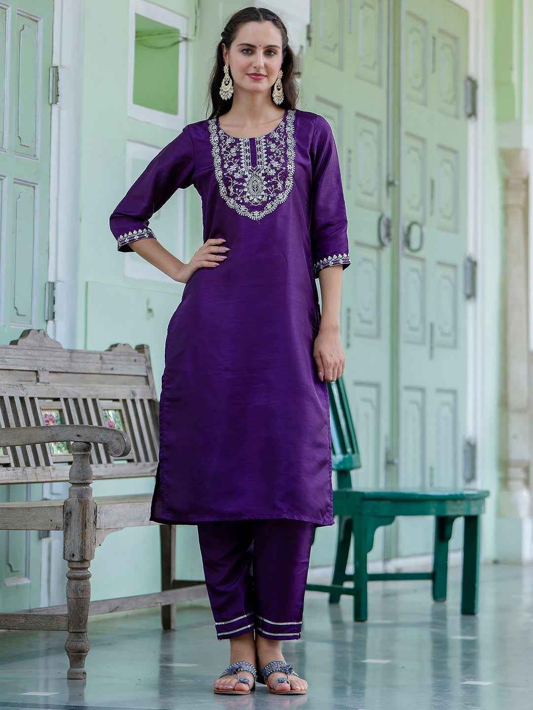 Silk Blend Embroidered Kurta Set with Dupatta