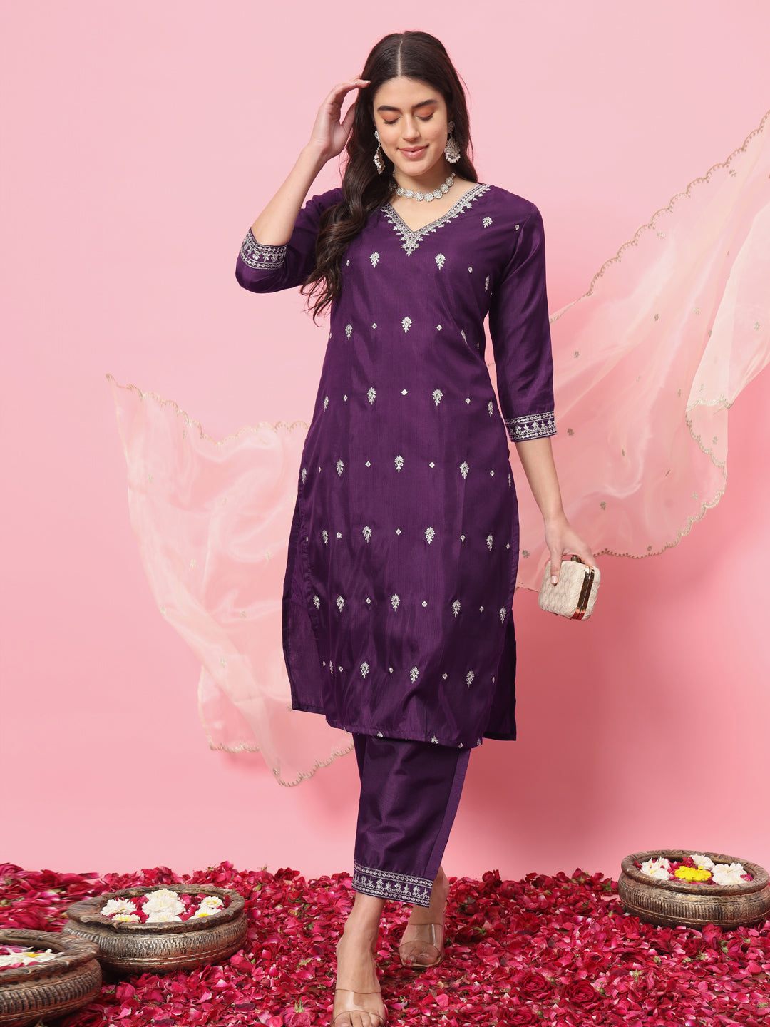 VredeVogel Silk Blend Kurta and Trouser Set with Organza Dupatta