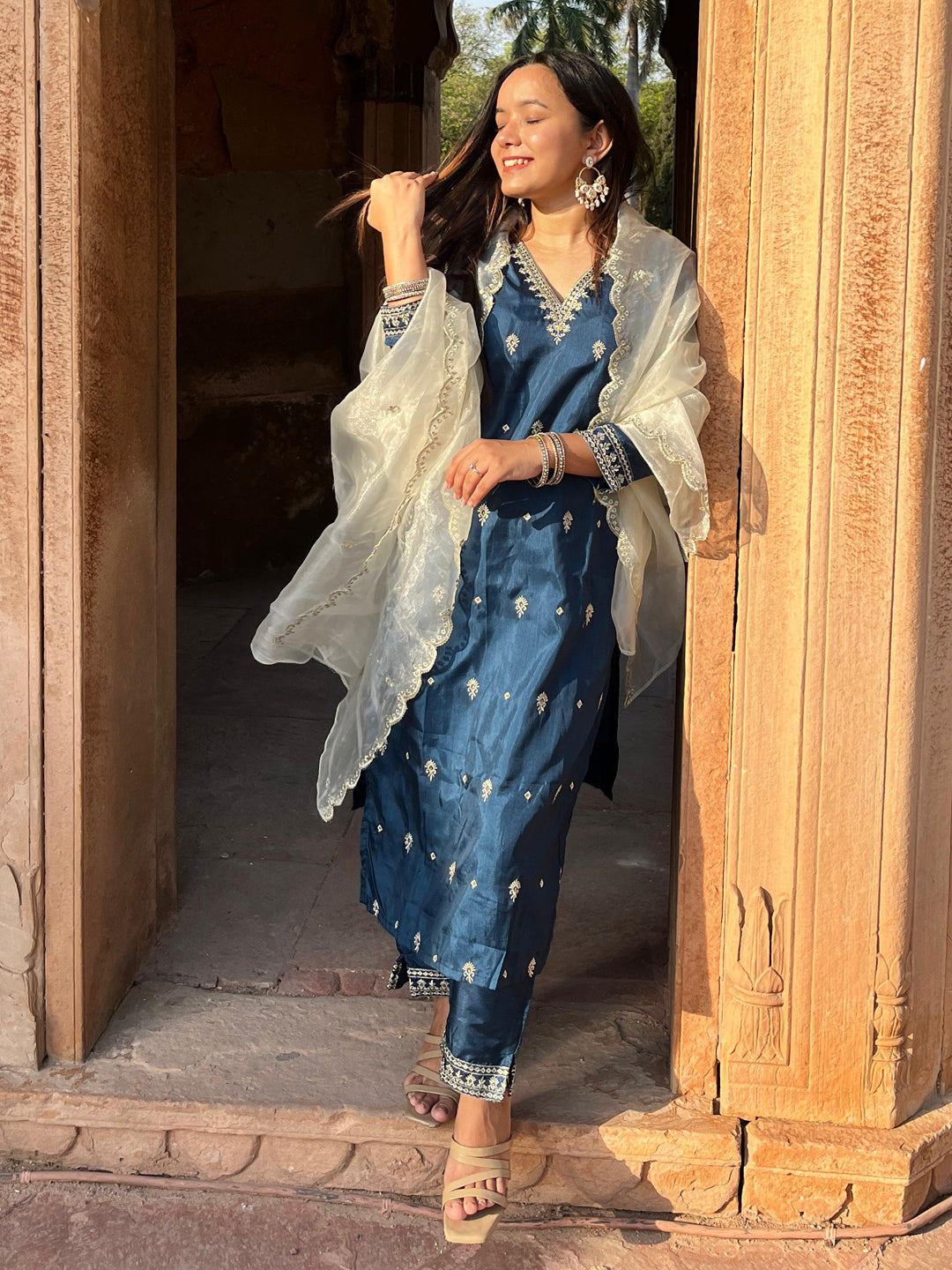 VredeVogel Silk Blend Kurta and Trouser Set with Organza Dupatta