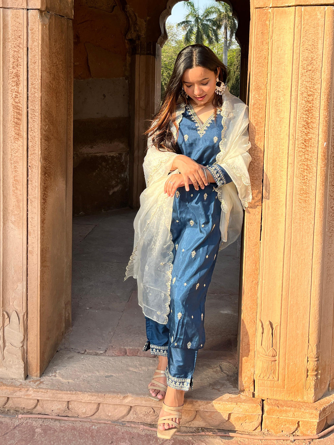 VredeVogel Silk Blend Kurta and Trouser Set with Organza Dupatta