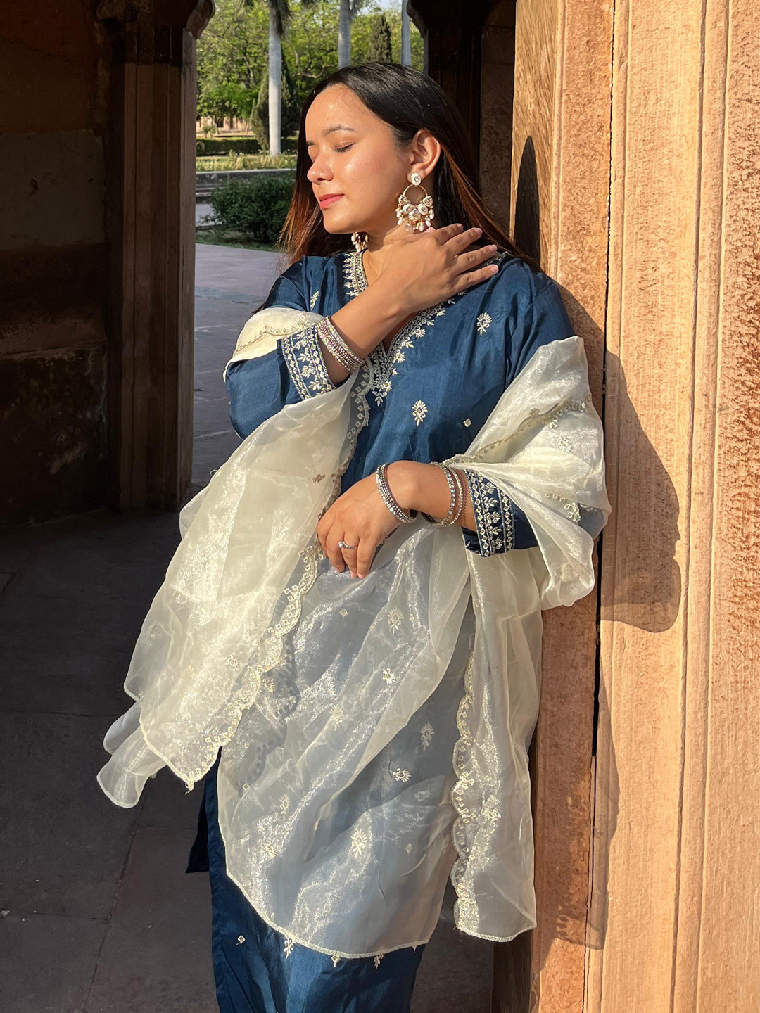 VredeVogel Silk Blend Kurta and Trouser Set with Organza Dupatta