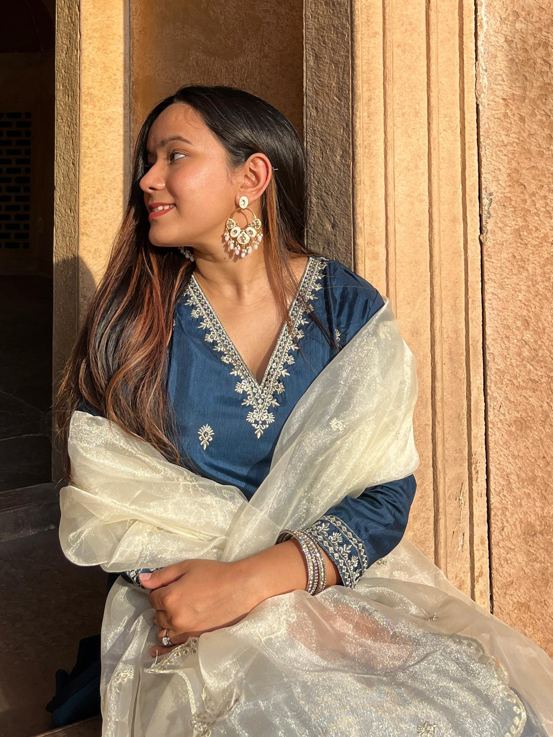 VredeVogel Silk Blend Kurta and Trouser Set with Organza Dupatta