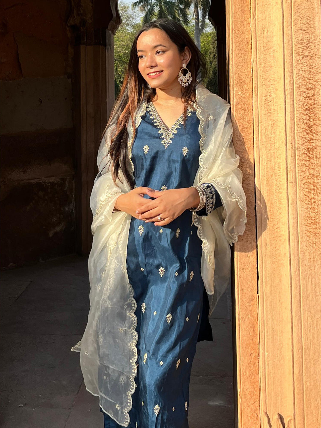 VredeVogel Silk Blend Kurta and Trouser Set with Organza Dupatta
